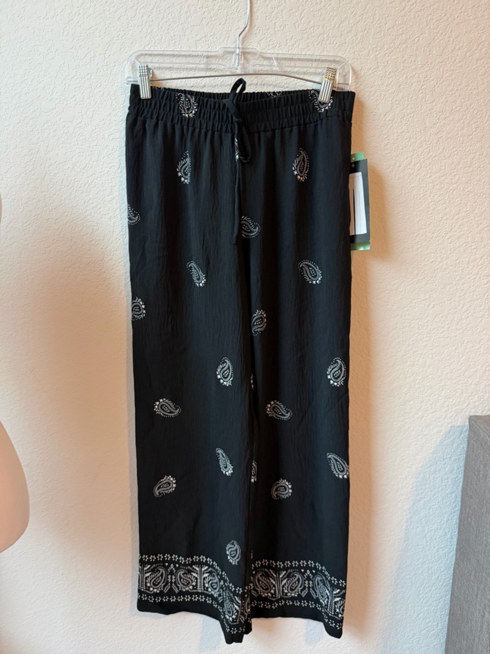 Black Paisley Wide-Leg Drawstring Pants new petite small